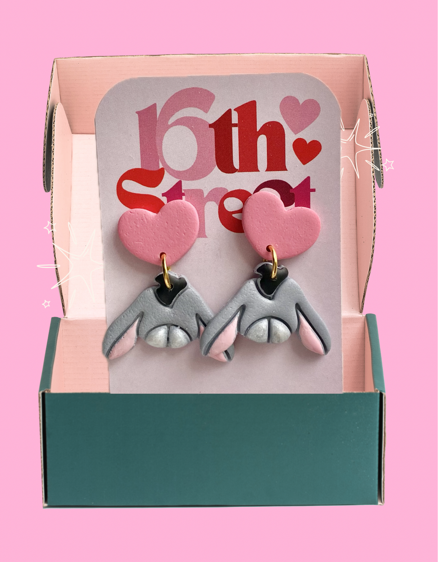 Happy Donkey with Pink Heart | Handmade Polymer Clay Earrings