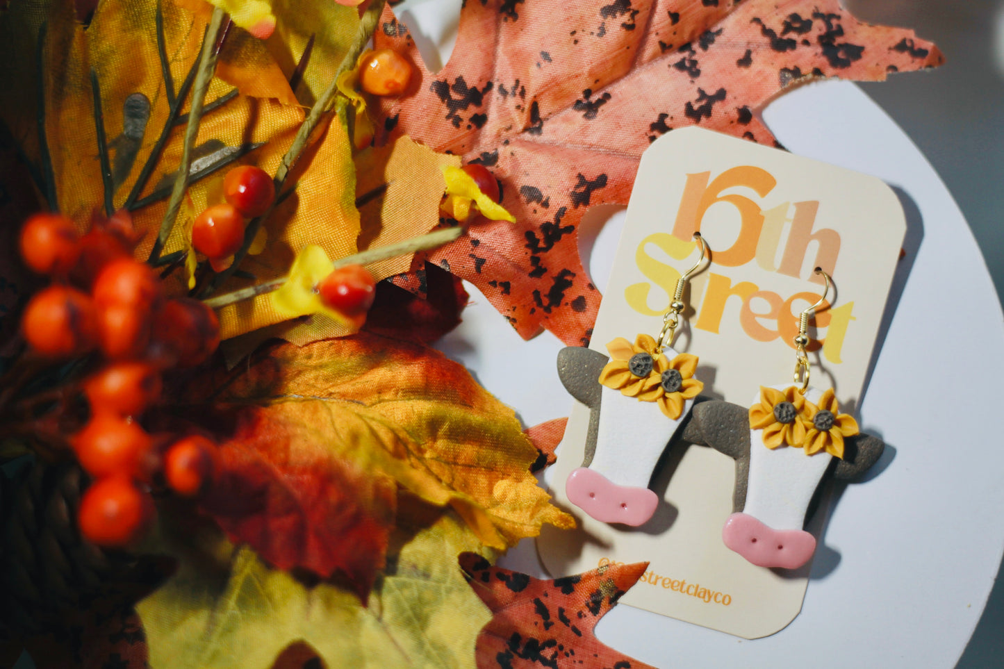 Sunflower Cow Dangles | Handmade Polymer Clay Earrings