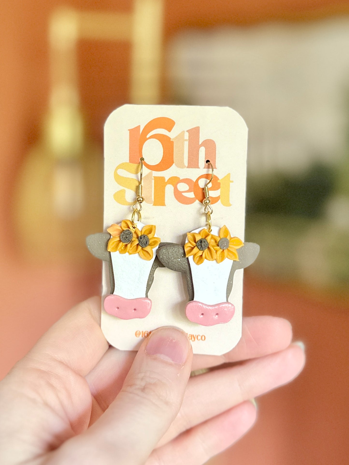 Sunflower Cow Dangles | Handmade Polymer Clay Earrings