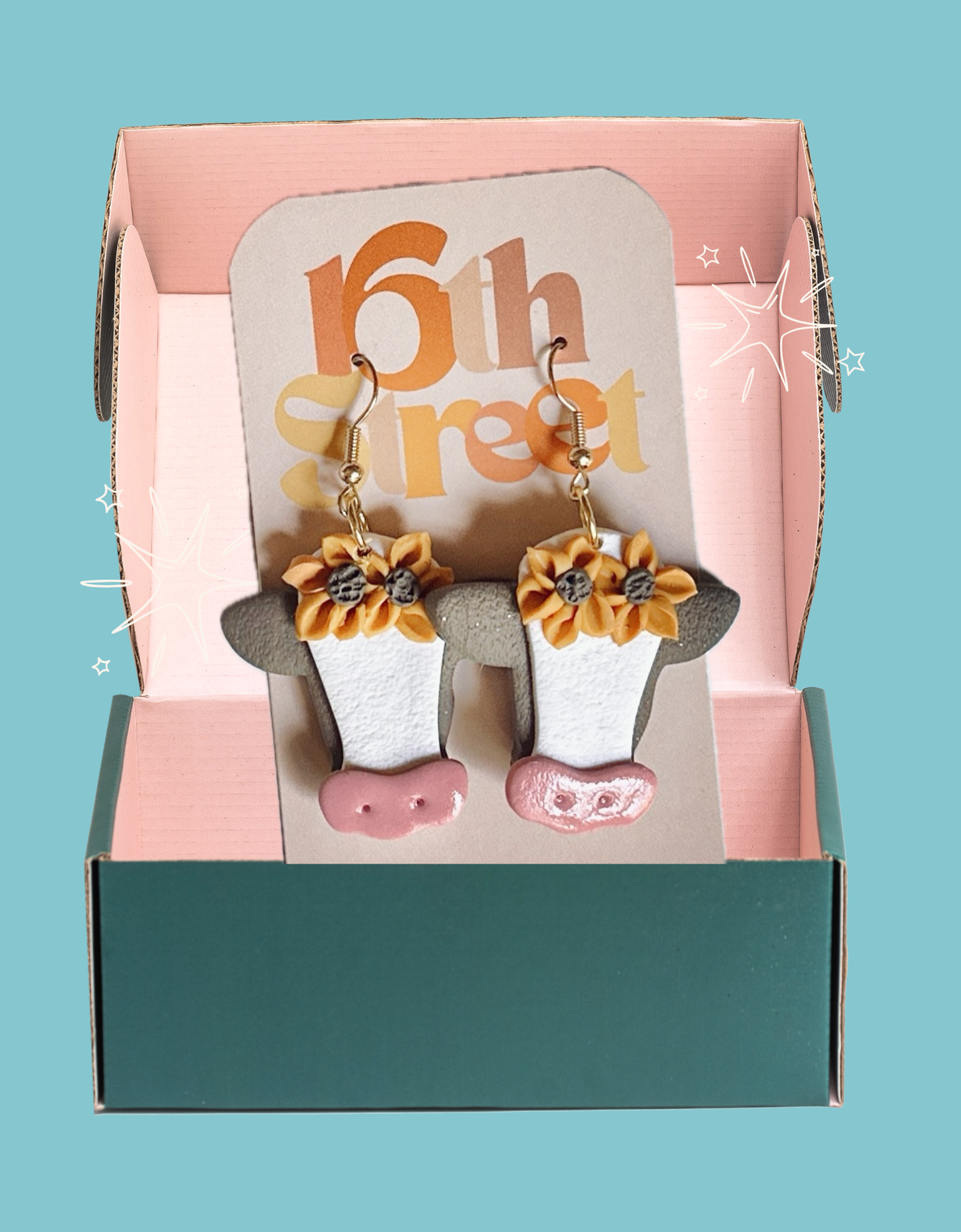 Sunflower Cow Dangles | Handmade Polymer Clay Earrings