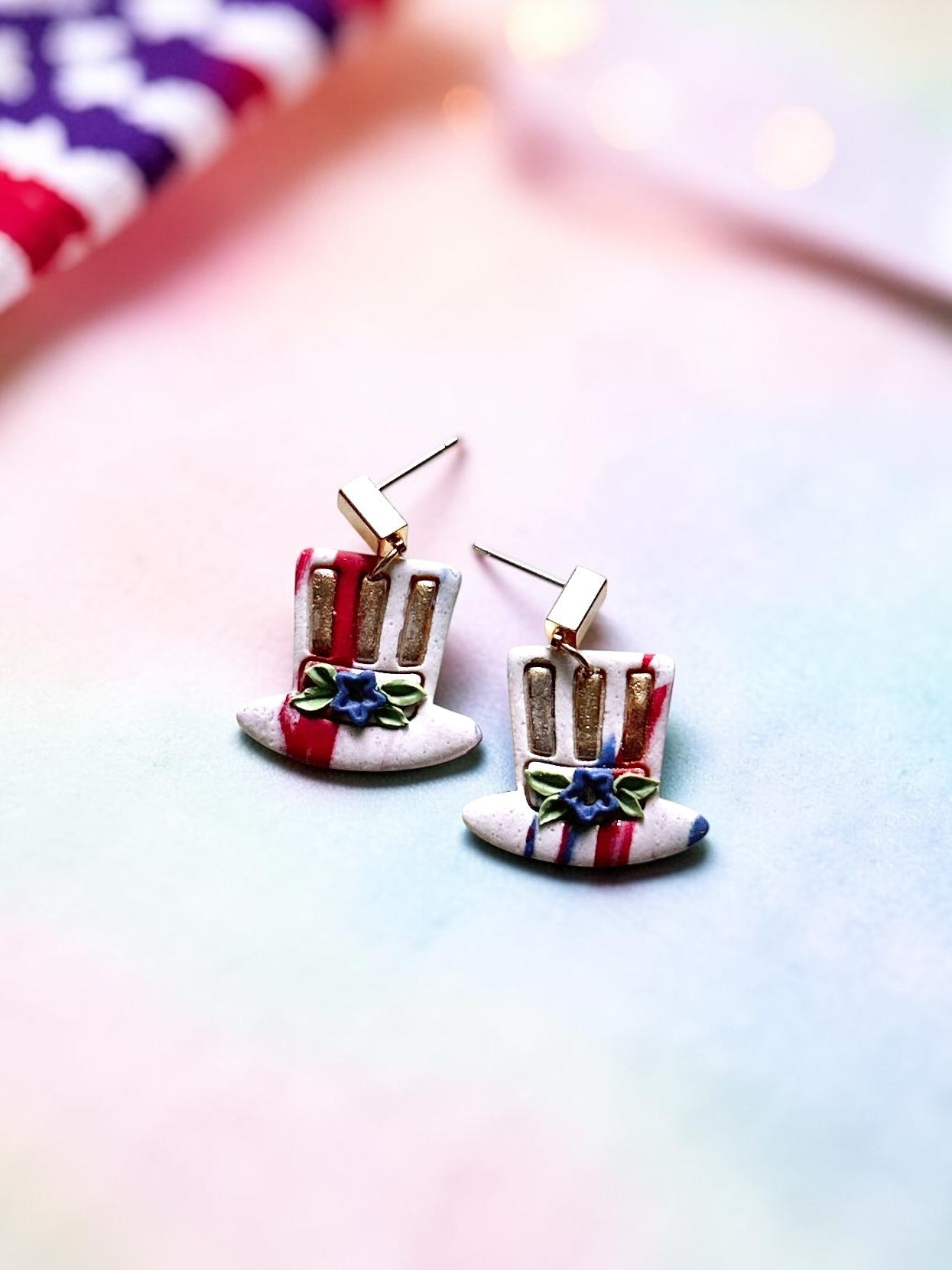 Red, White, and New Hat Dangles | Handmade Polymer Clay Earrings