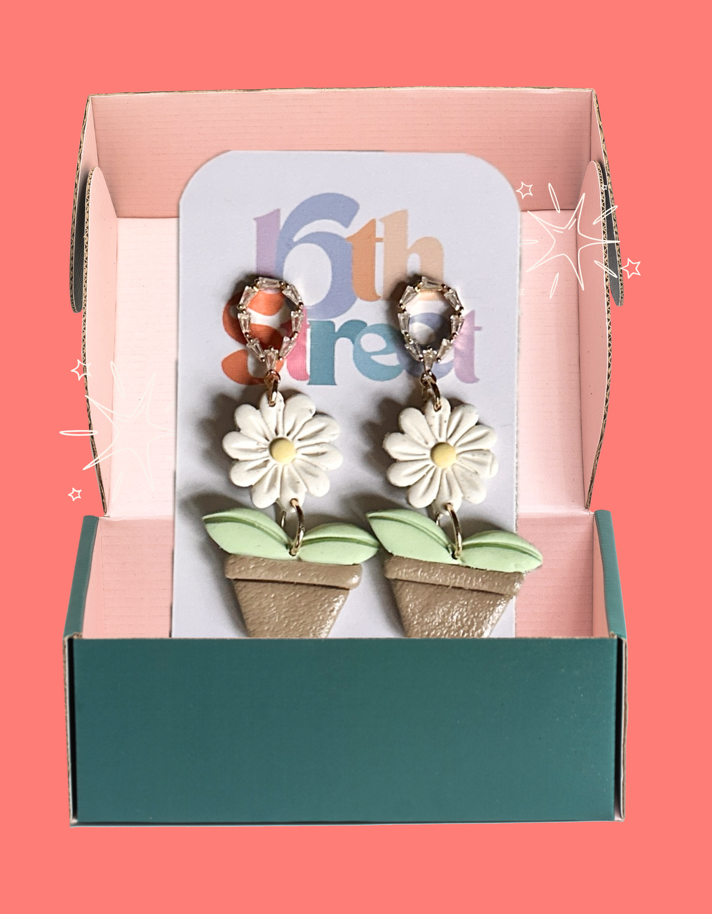Daisy Pot Dangles - Handmade Polymer Clay Earrings