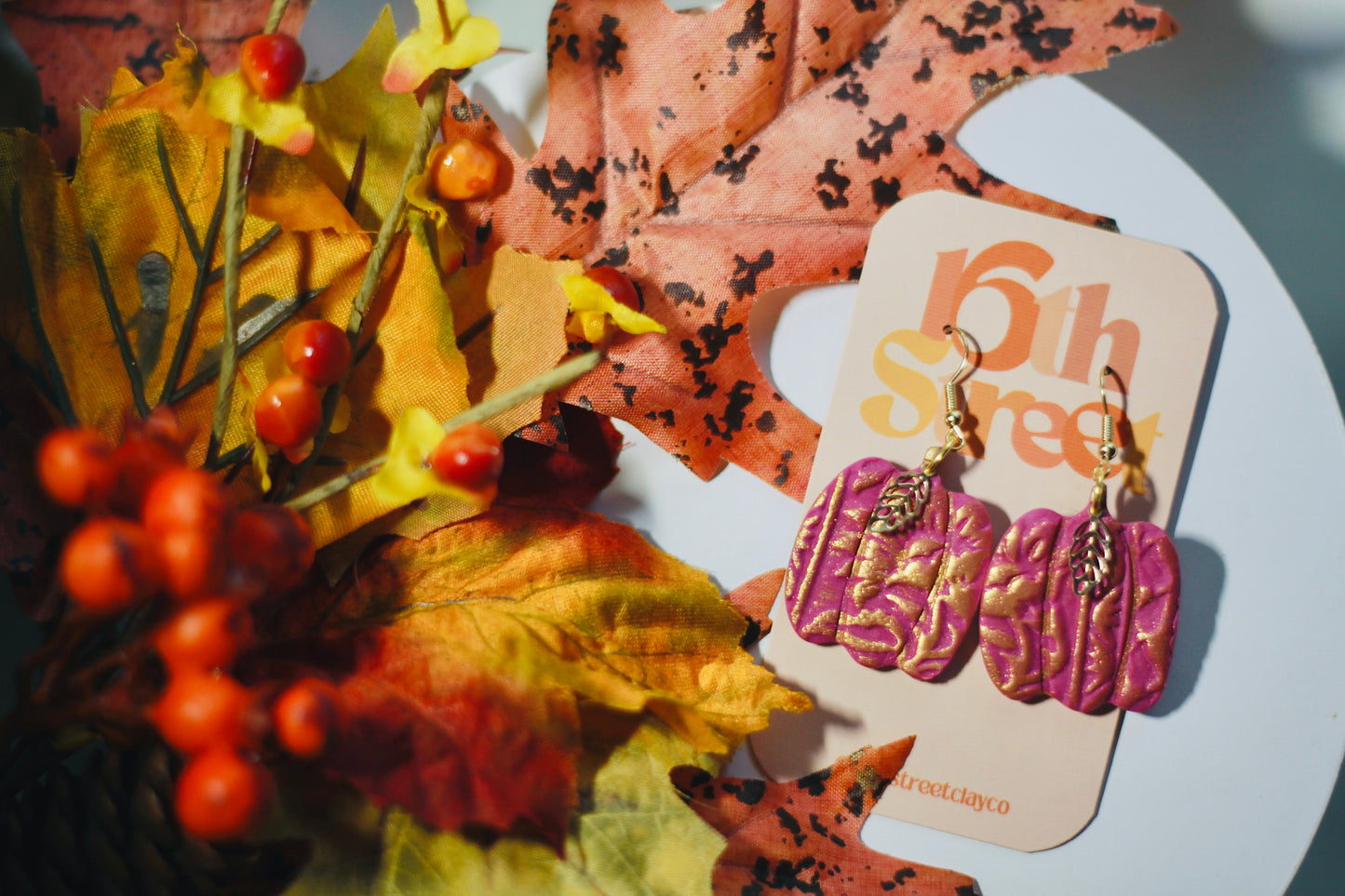 Pink Pumpkin Dangles | Handmade Polymer Clay Earrings