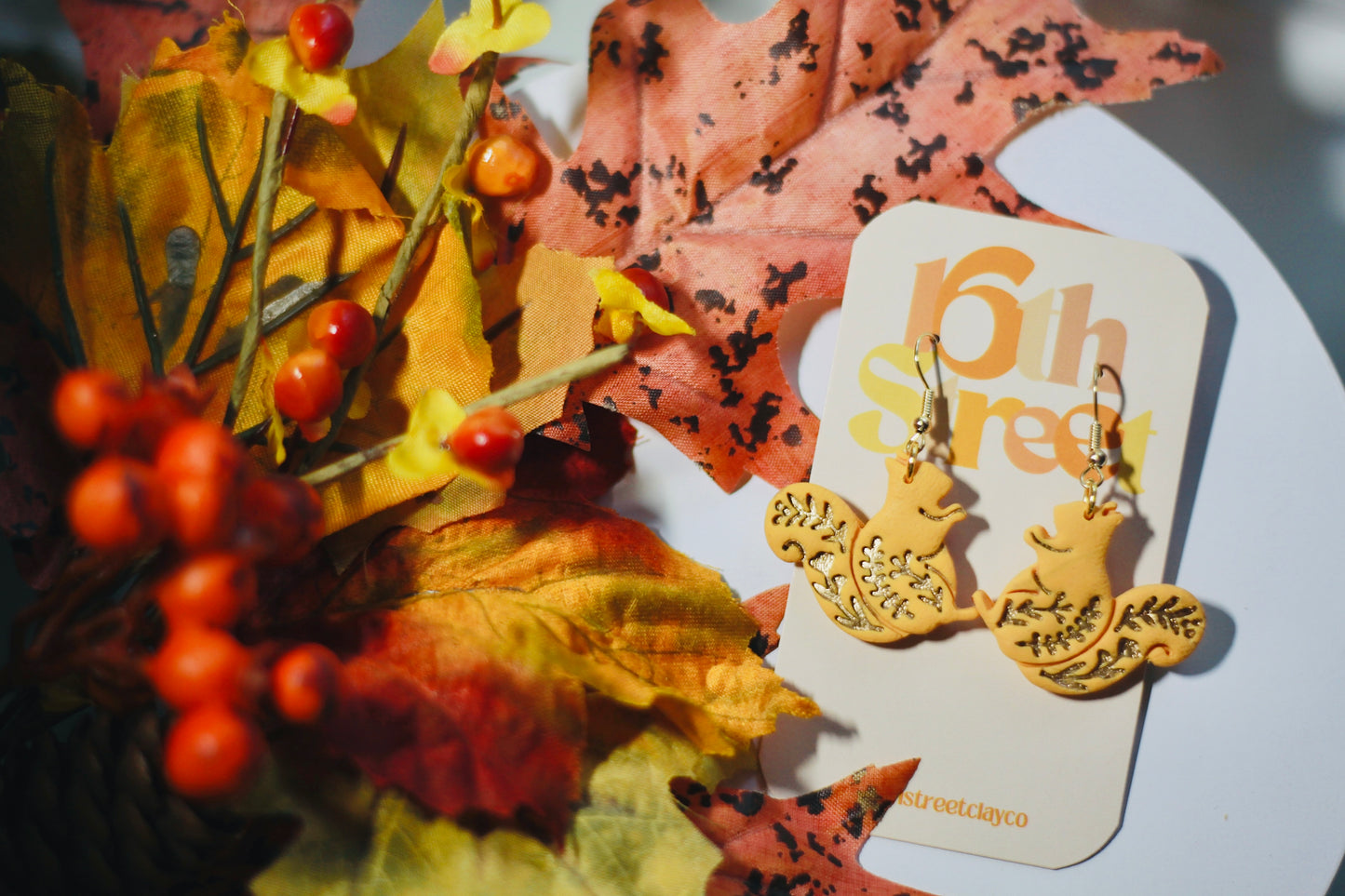 Golden Squirrel Dangles | Handmade Polymer Clay Earrings
