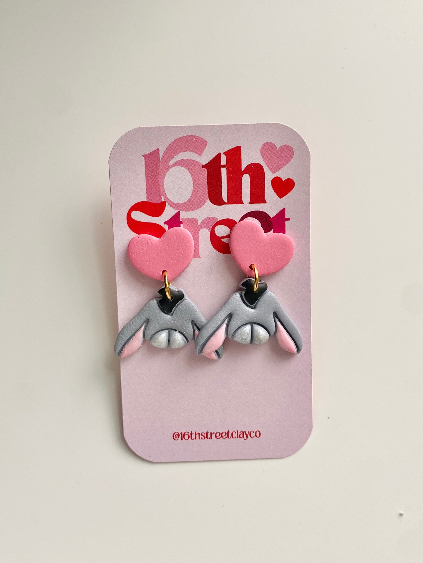 Happy Donkey with Pink Heart | Handmade Polymer Clay Earrings