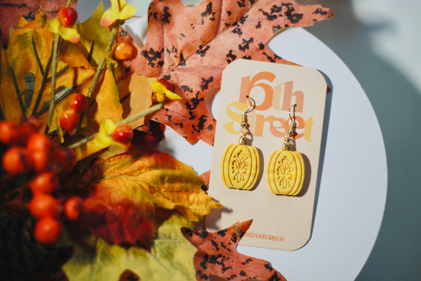 Little Golden Pumpkin Dangles | Handmade Polymer Clay Earrings