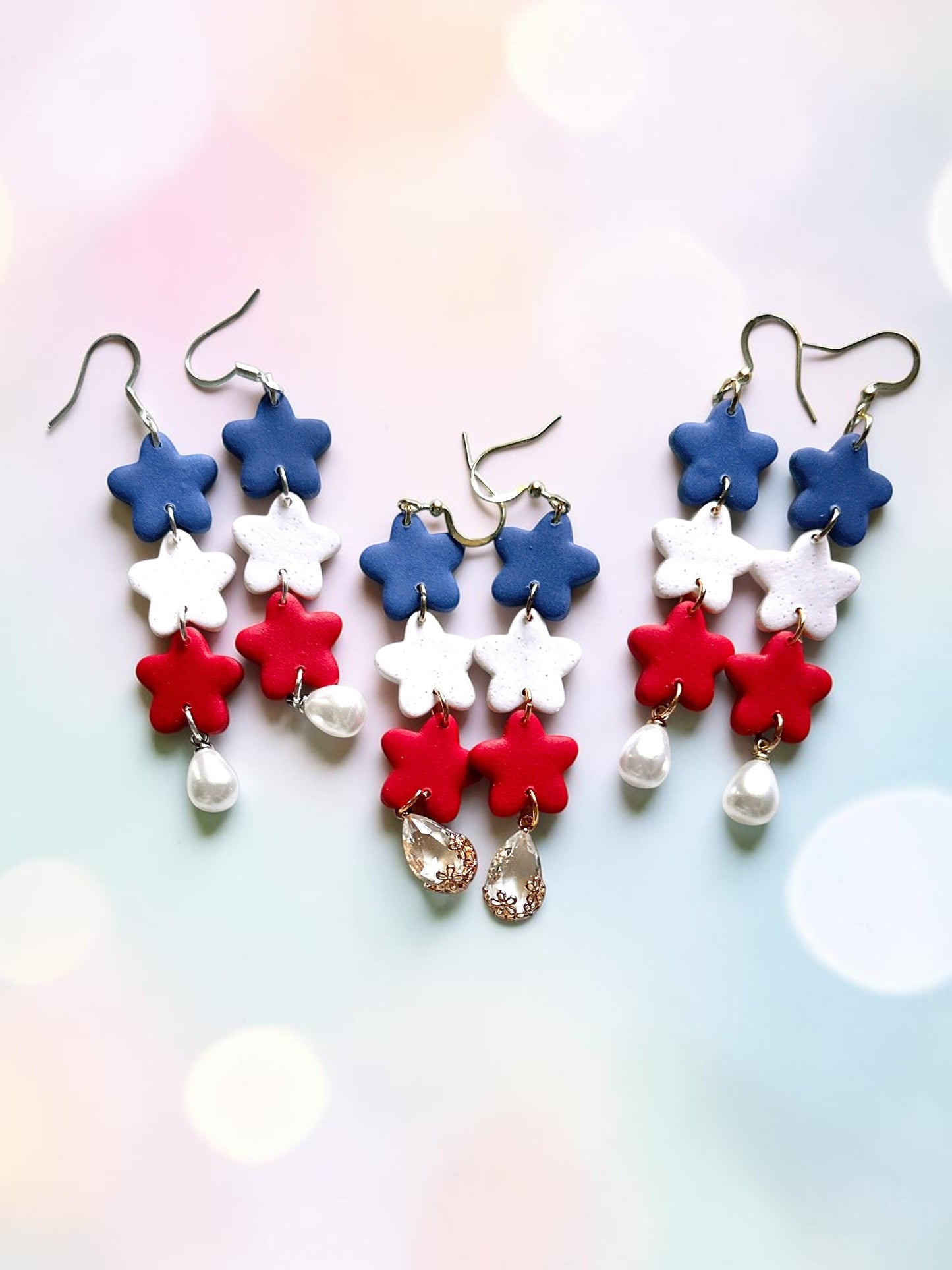 Patriotic Star Trio Dangles | Handmade Polymer Clay Earrings