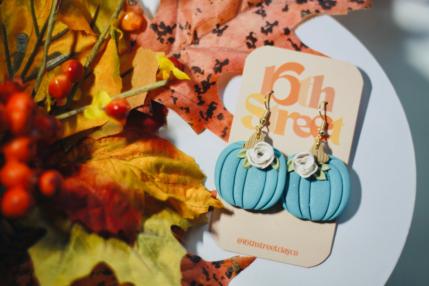 Blue Pumpkin Dangles | Handmade Polymer Clay Earrings