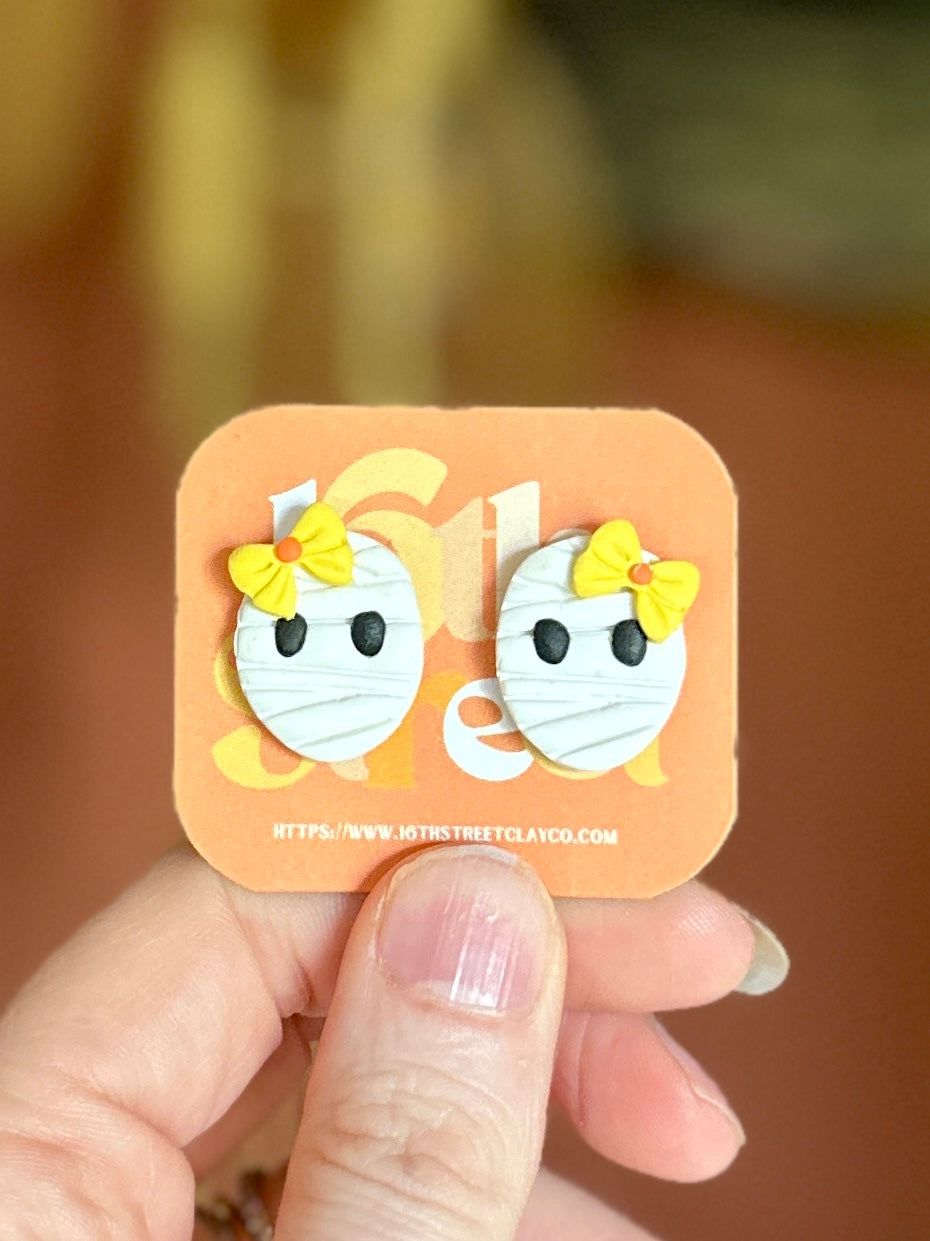 Mummy Girl with Bows Studs | Handmade Polymer Clay Earrings