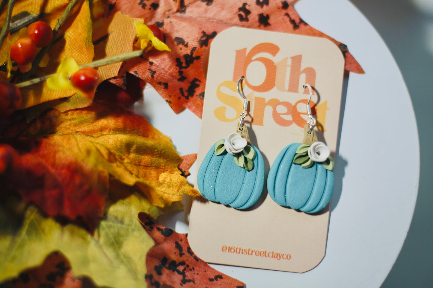 Blue Pumpkin Dangles | Handmade Polymer Clay Earrings