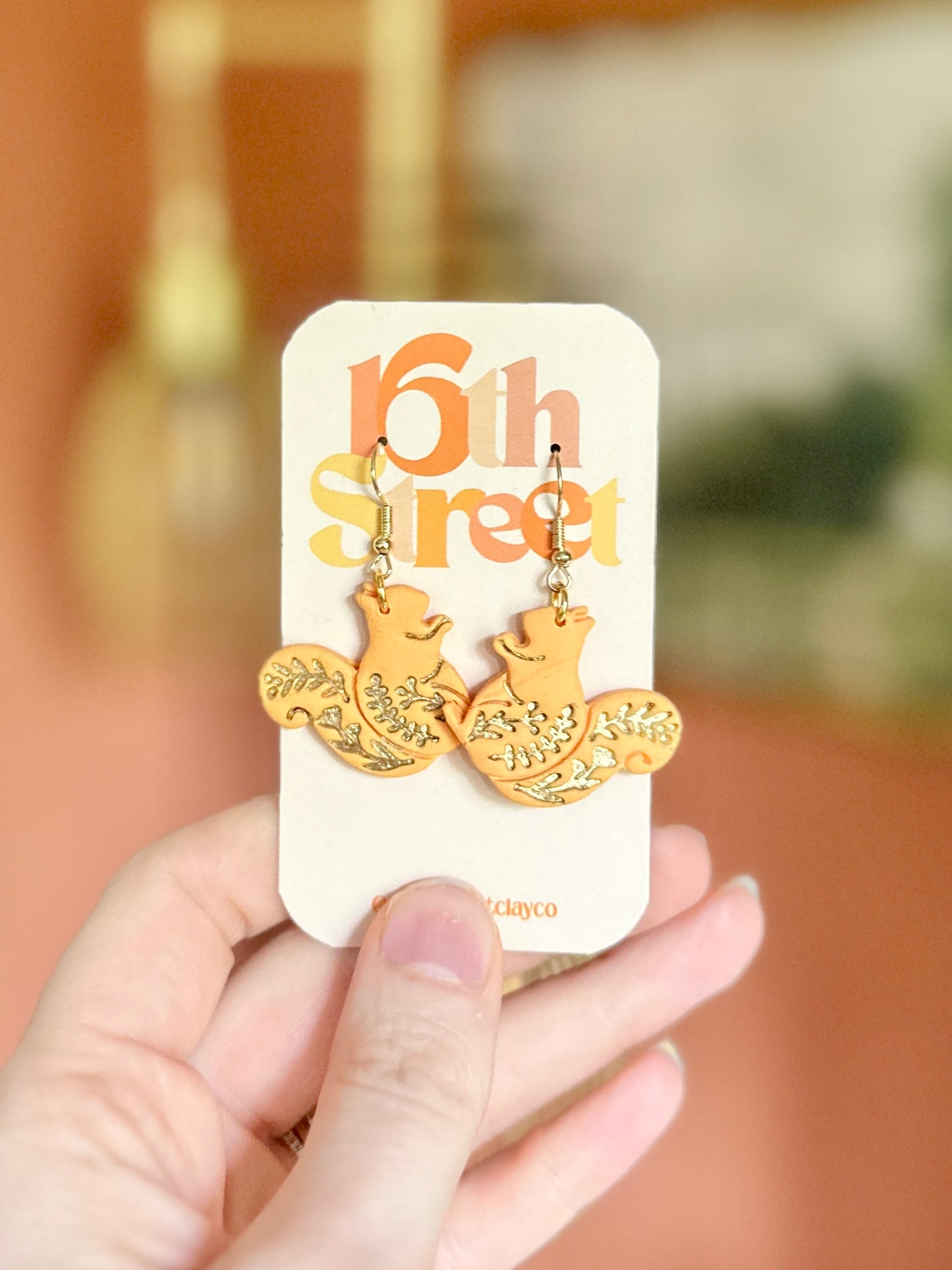 Golden Squirrel Dangles | Handmade Polymer Clay Earrings