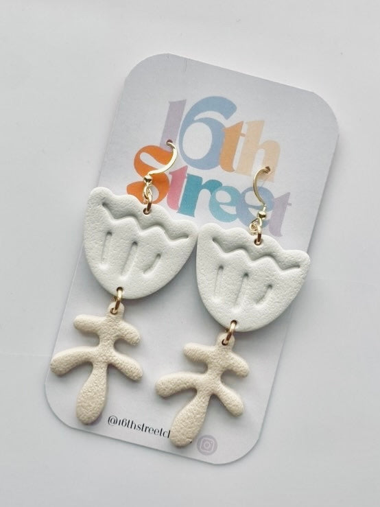 White Matisse Inspited Floral Dangles | Handmade Polymer Clay Earrings