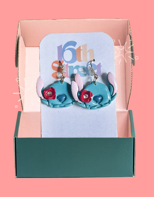 Blue Hawaii Monster with Flower - READY TO SHIP | Handmade Polymer Clay Earrings