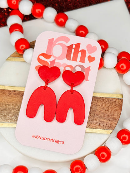 Red Heart-Arch Dangles | Handmade Polymer Clay Earrings