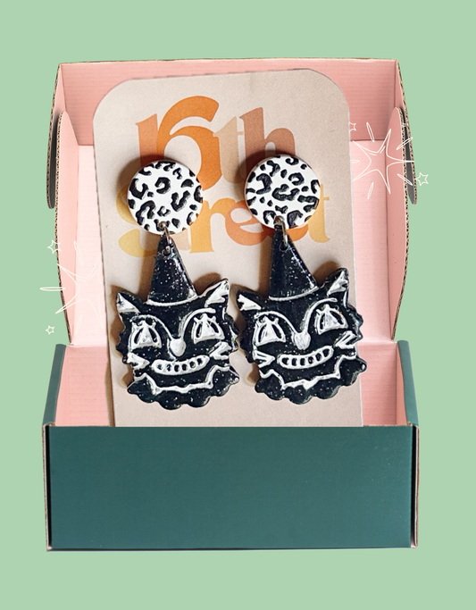 Black Cat Dangles | Handmade Polymer Clay Earrings