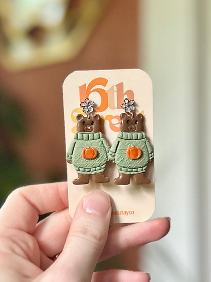 Cozy Sweater Bear Dangles | Handmade Polymer Clay Earrings