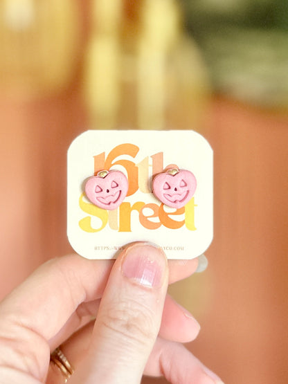Pink Jack-o’-lantern Studs | Handmade Polymer Clay Earrings