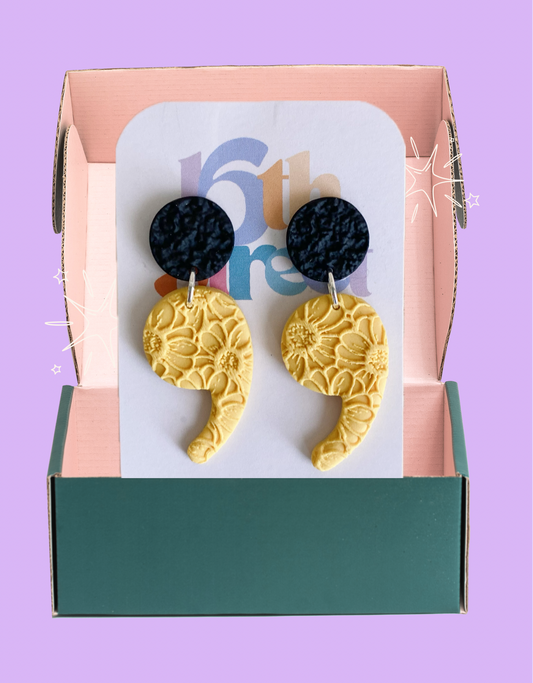 Black and Yellow Semicolon Dangle Earrings | Mental Health Inspired Handmade Polymer Clay Earrings
