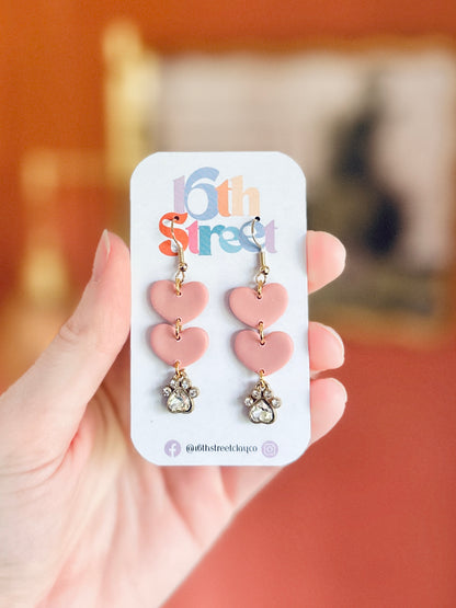 Pink Heart Dog Lover Dangles | Handmade Polymer Clay Earrings