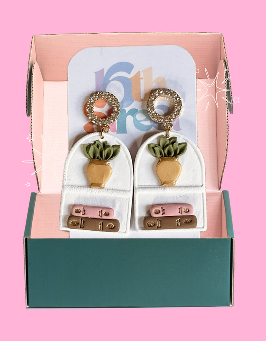 White Bookshelf Dangles | Handmade Polymer Clay Earrings