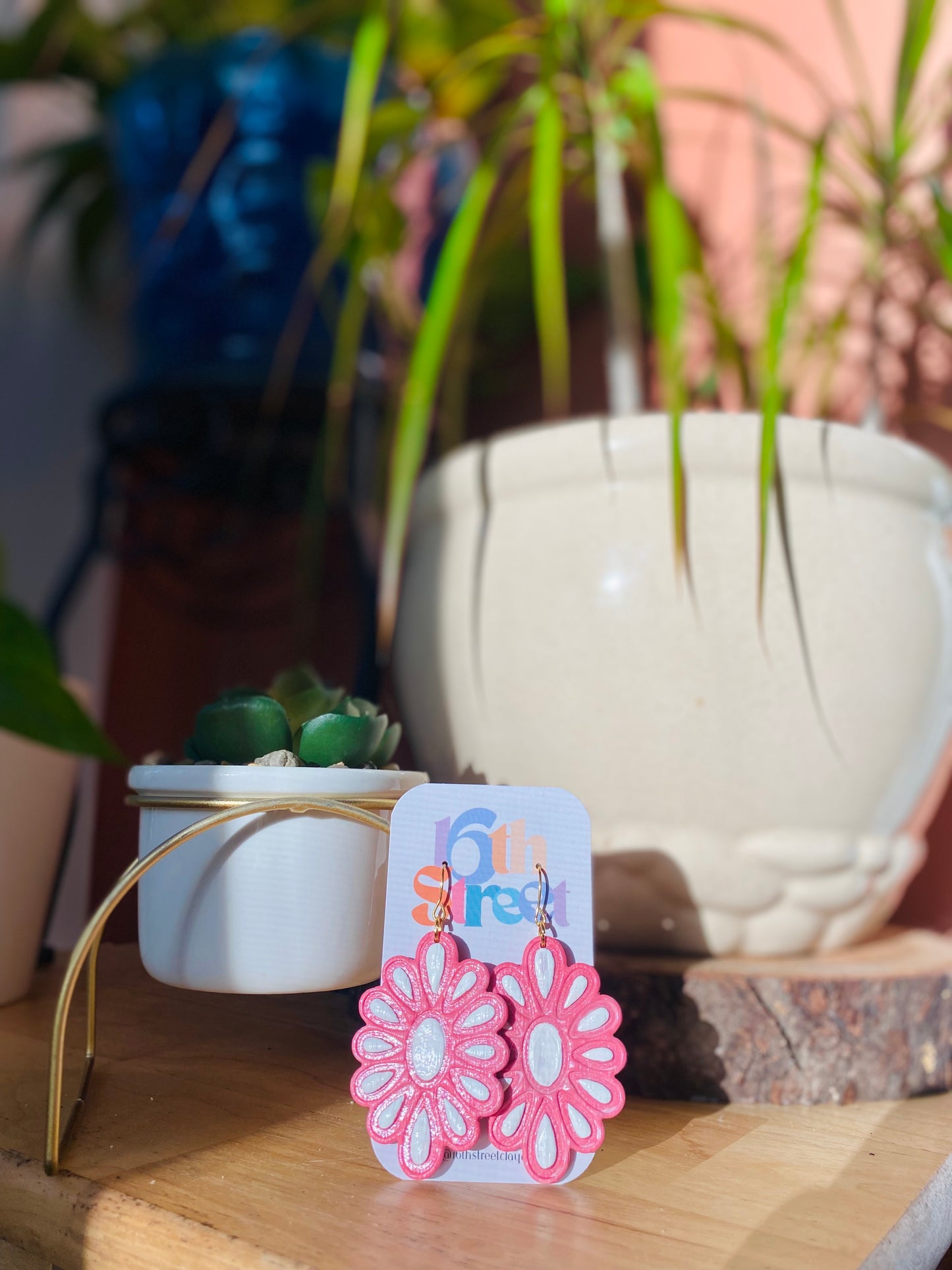 Floral Dangles for Breast Cancer Awareness | Handmade Polymer Clay Earrings