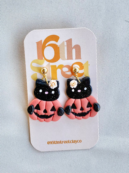 Kitty Pumpkin Dangles | Handmade Polymer Clay Earrings