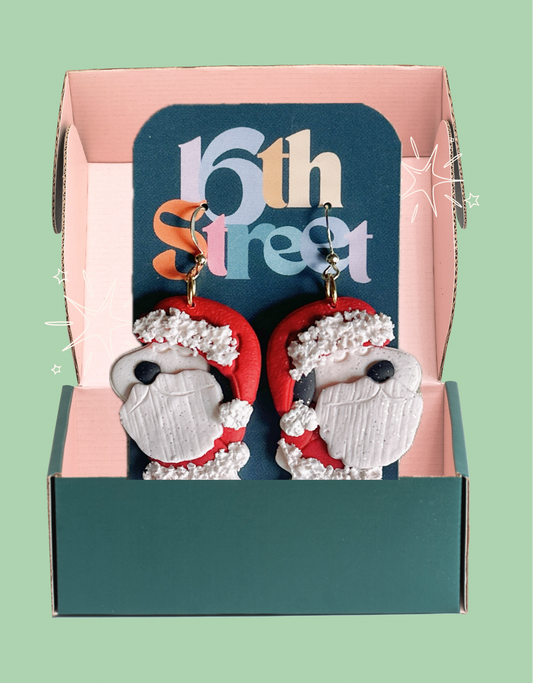 Santa Dog Dangles | Handmade Polymer Clay Earrings