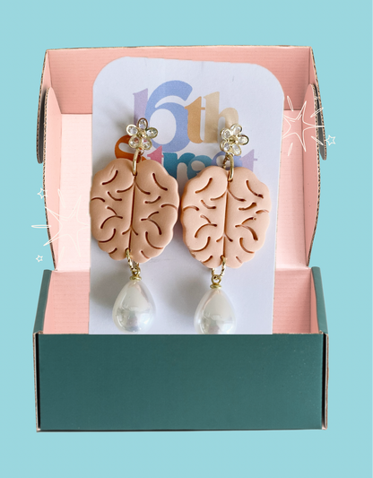 Fancy Pearl Drop Brain Dangles | Mental Health Inspired Handmade Polymer Clay Earrings