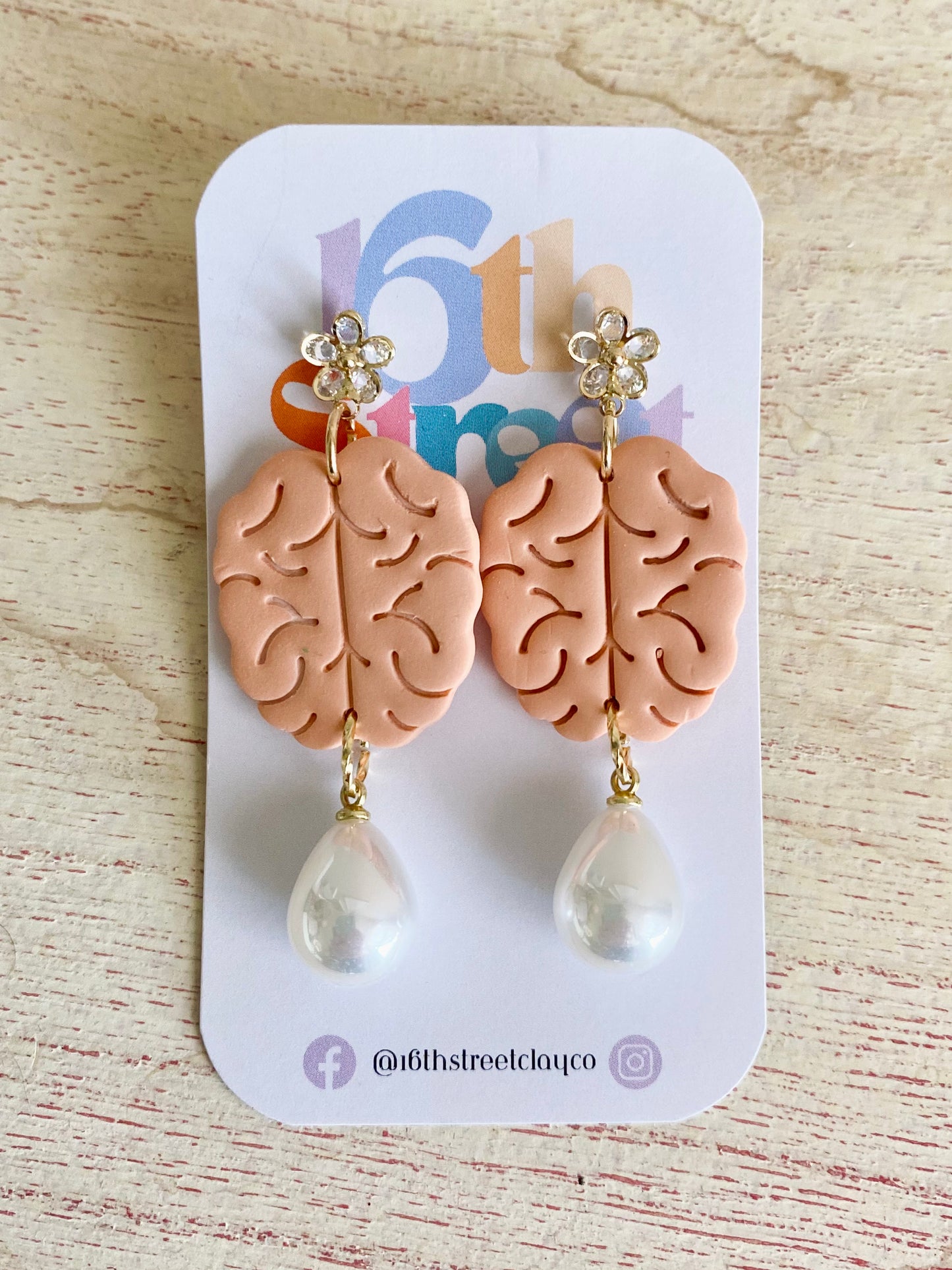 Fancy Pearl Drop Brain Dangles | Mental Health Inspired Handmade Polymer Clay Earrings