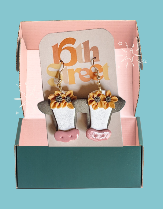 Sunflower Cow Dangles | Handmade Polymer Clay Earrings
