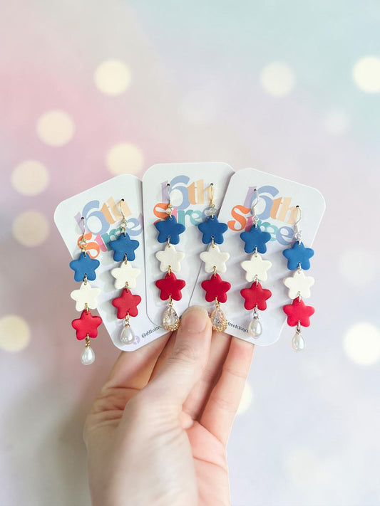 Patriotic Star Trio Dangles | Handmade Polymer Clay Earrings