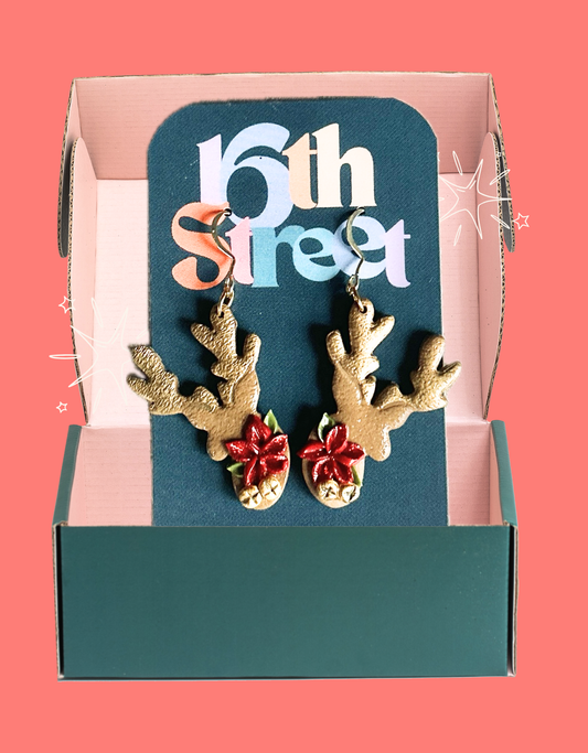 Pretty Reindeer Dangles | Handmade Polymer Clay Earrings