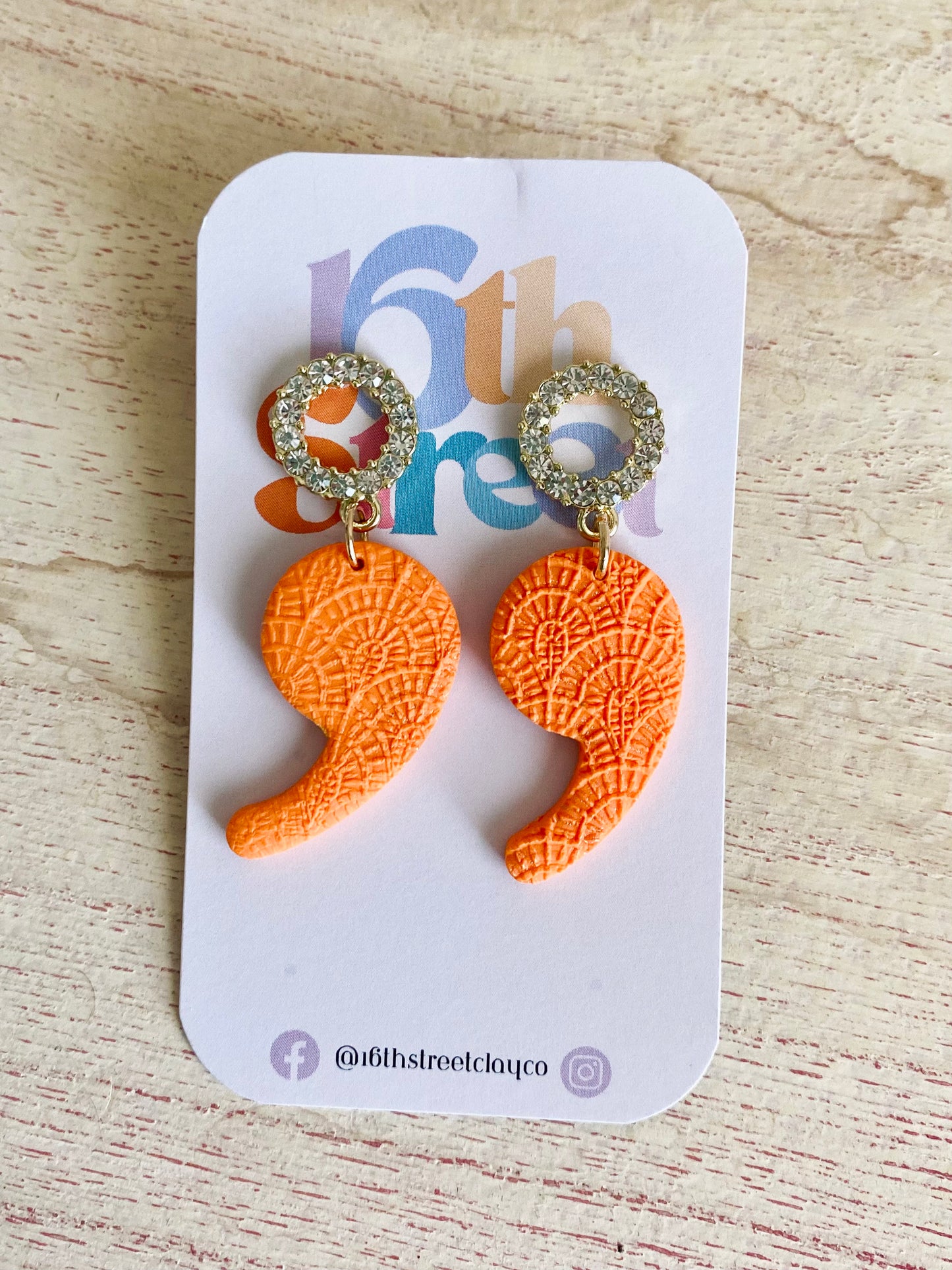 Vibrant Orange with Cubic Zirconia Top Semicolon Dangle Earrings | Mental Health Inspired Handmade Polymer Clay Earrings