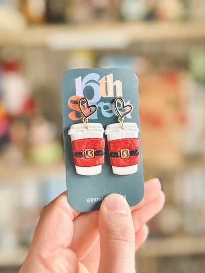 Santa Coffee Dangles | Handmade Polymer Clay Earrings