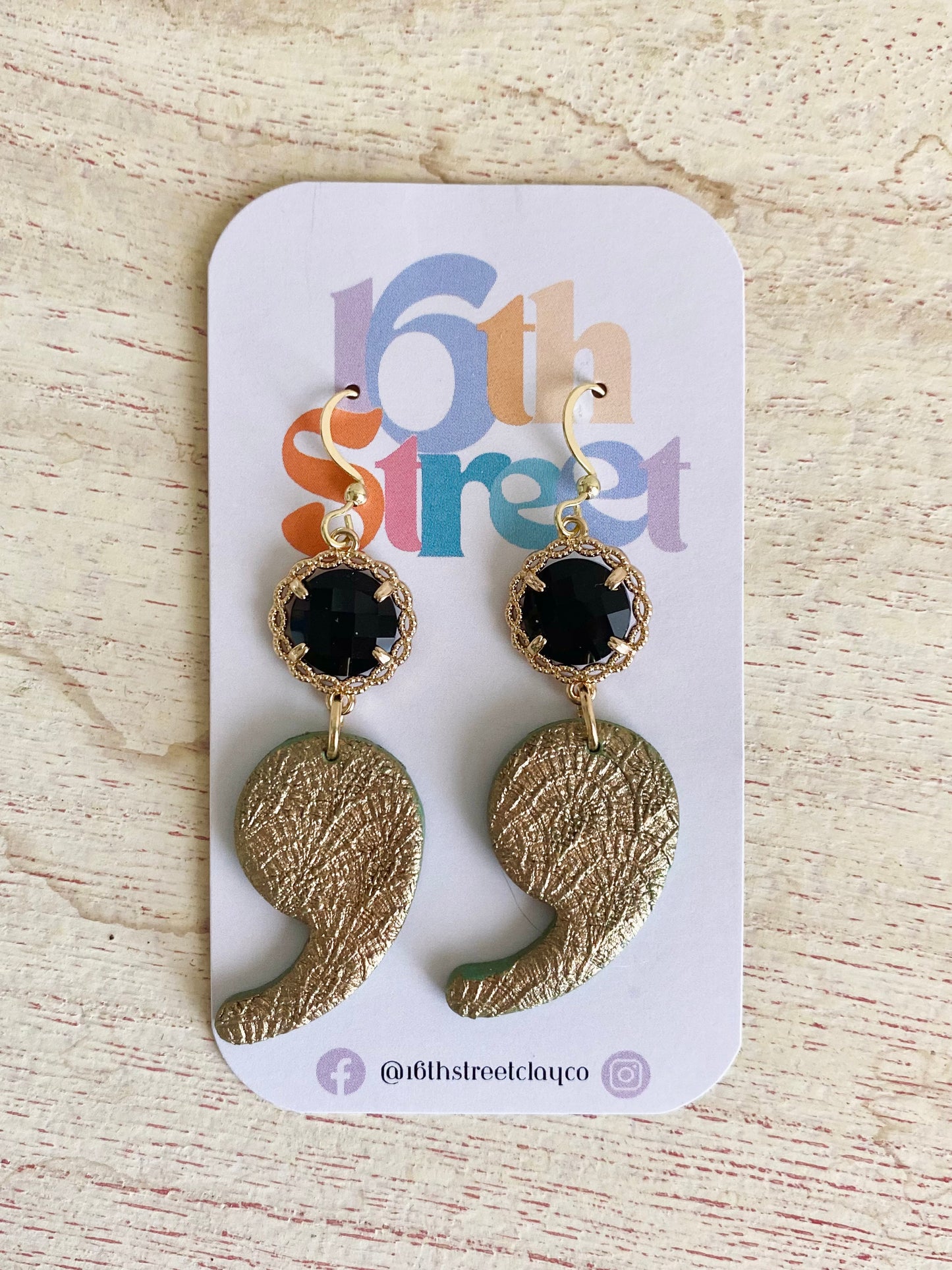 Semicolon Dangles - Black and Gold | Mental Health Inspired Handmade Polymer Clay Earrings