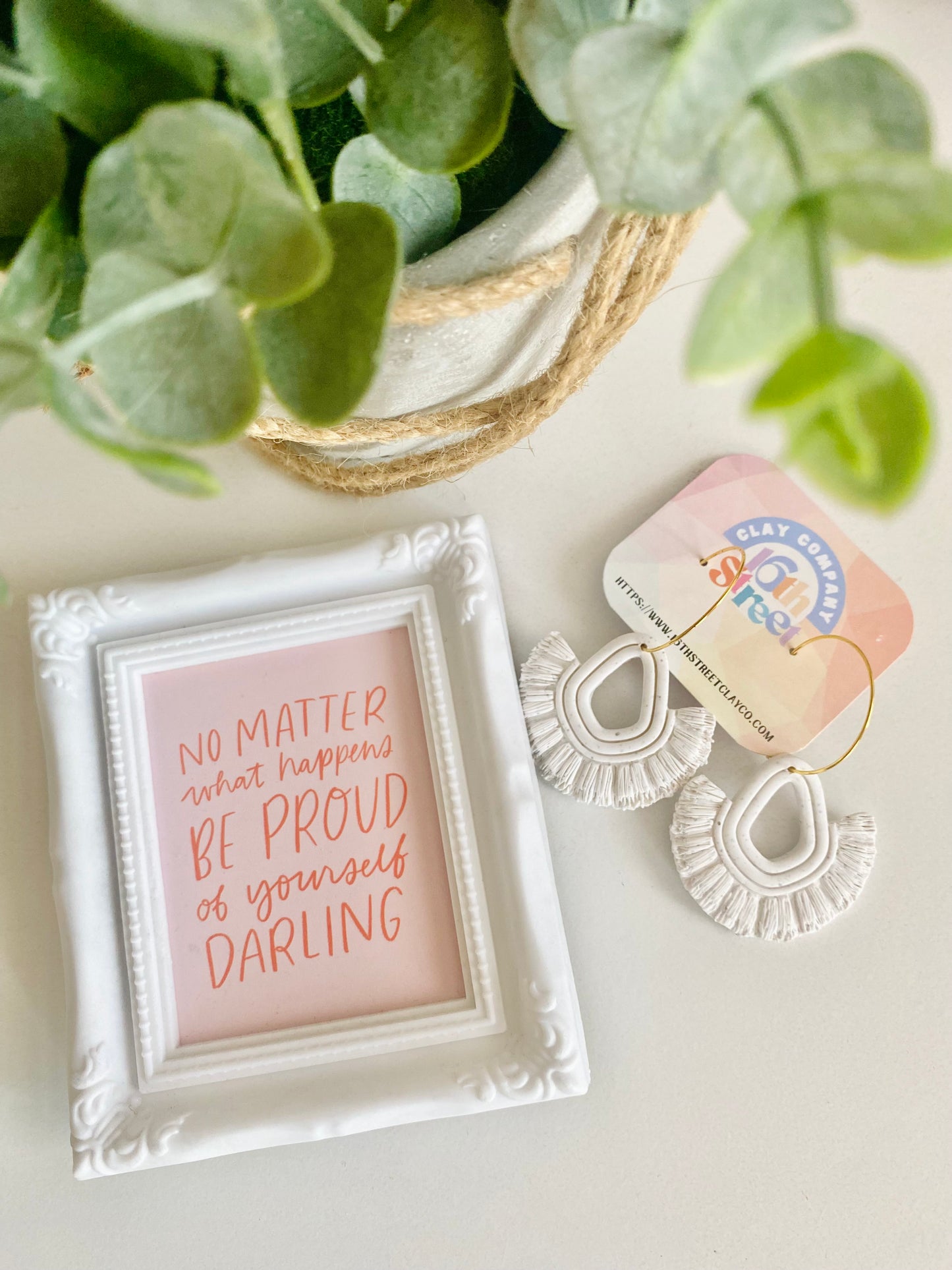 Simple White Macrame Dangles | Handmade Polymer Clay Earrings