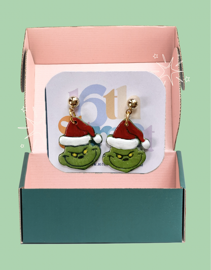 Grinch in Hat Dangles | Handmade Polymer Clay Earrings