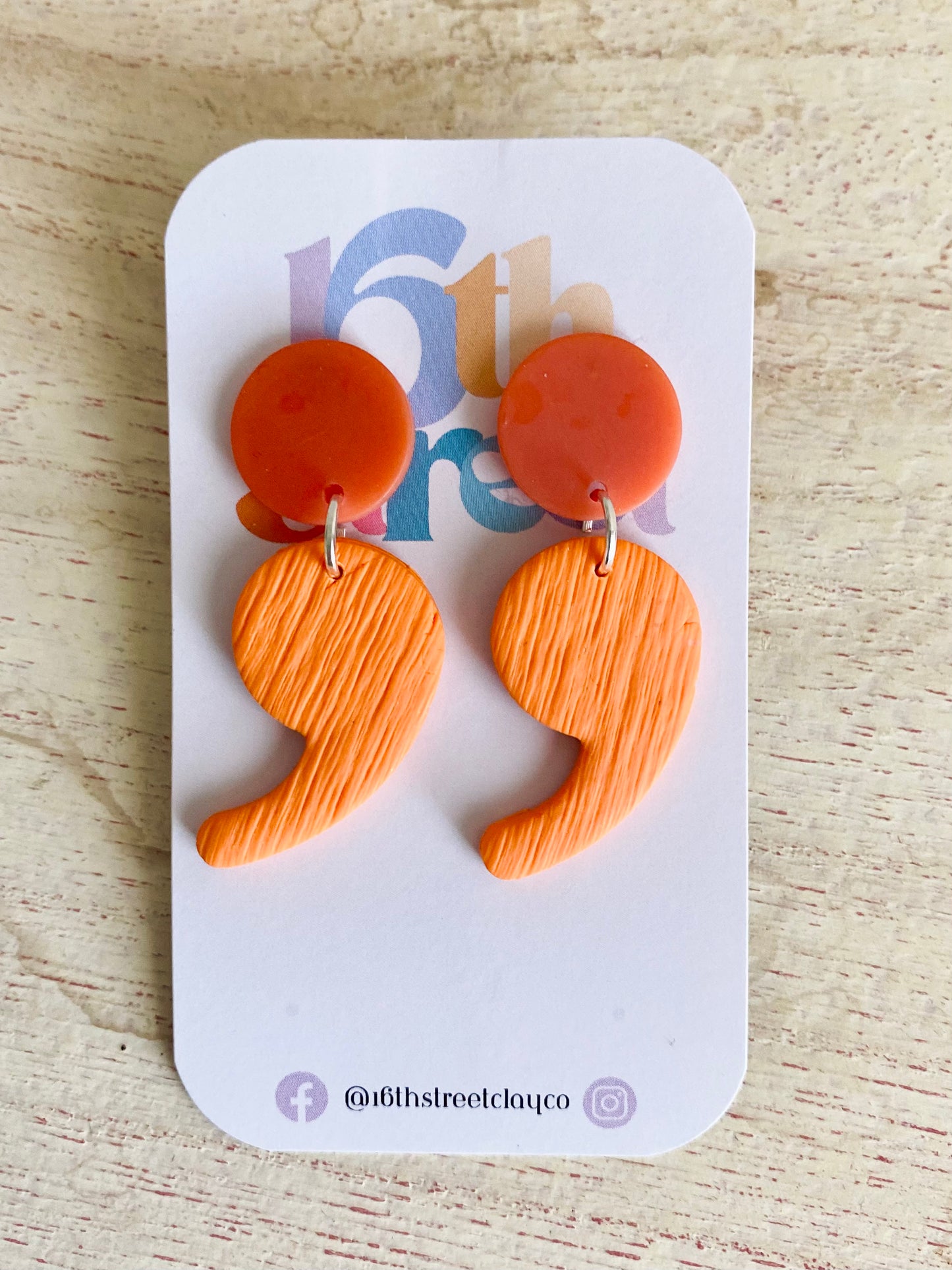 Vibrant Orange Semicolon Dangle Earrings | Mental Health Inspired Handmade Polymer Clay Earrings