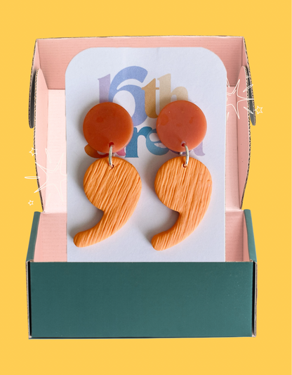 Vibrant Orange Semicolon Dangle Earrings | Mental Health Inspired Handmade Polymer Clay Earrings