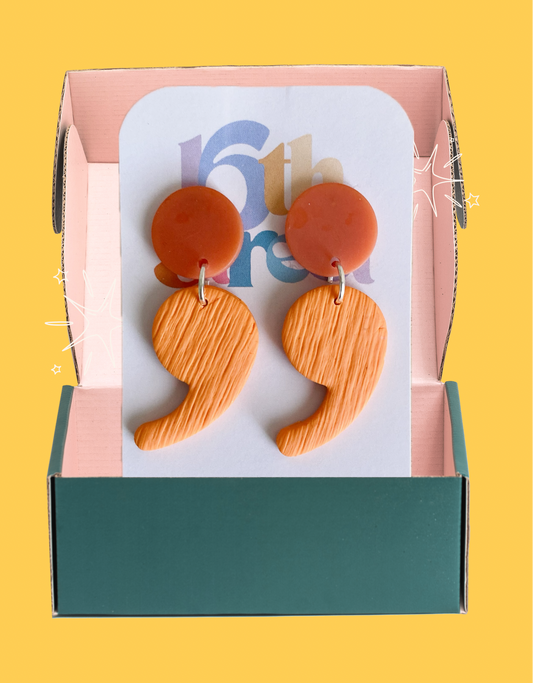 Vibrant Orange Semicolon Dangle Earrings | Mental Health Inspired Handmade Polymer Clay Earrings