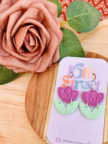 Purple Floral Dangle Earrings | Handmade Polymer Clay Dangle Earrings