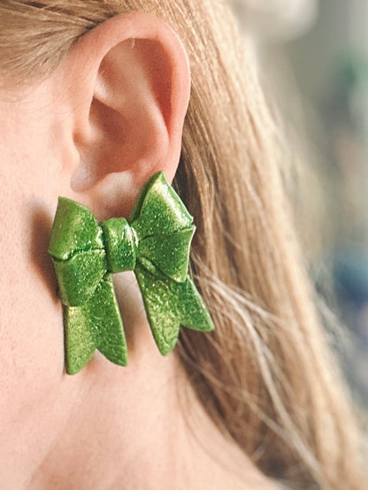 Large Green Bow Stud Earrings | Handmade Polymer Clay Earrings