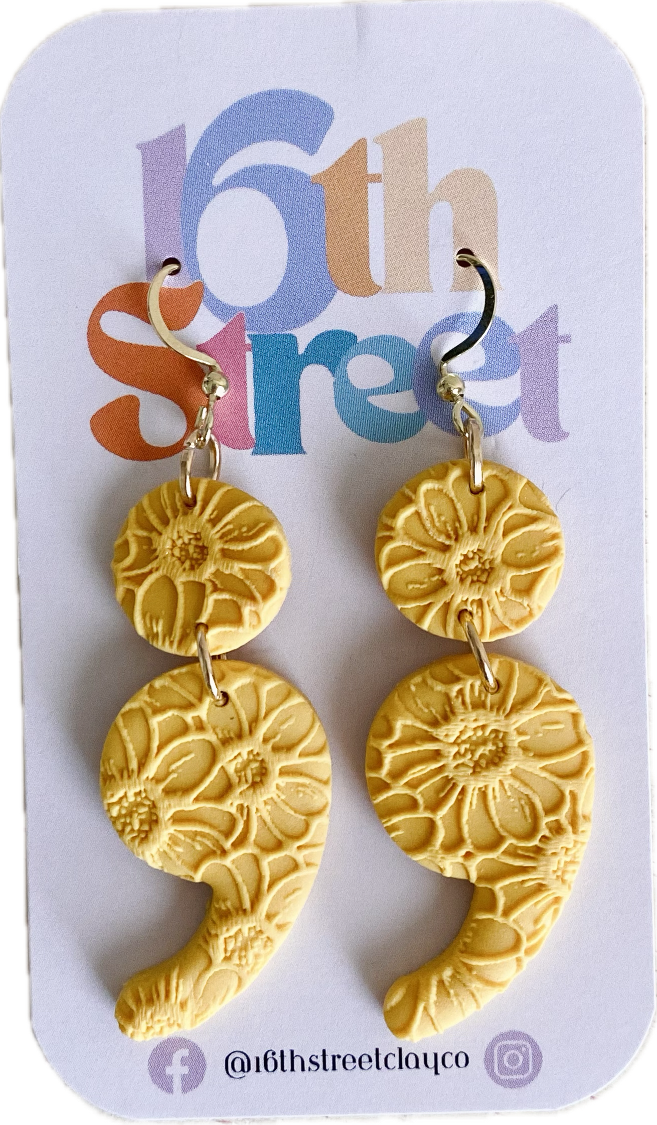 Yellow Daisy Texture Semicolon Dangles | Mental Health Inspired Handmade Polymer Clay Earrings