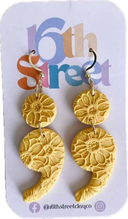 Yellow Daisy Texture Semicolon Dangles | Mental Health Inspired Handmade Polymer Clay Earrings