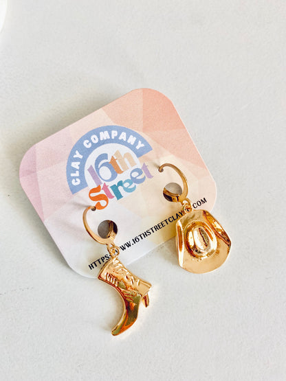 Golden Cowboy Boot & Hat Dangles | Metal Earrings