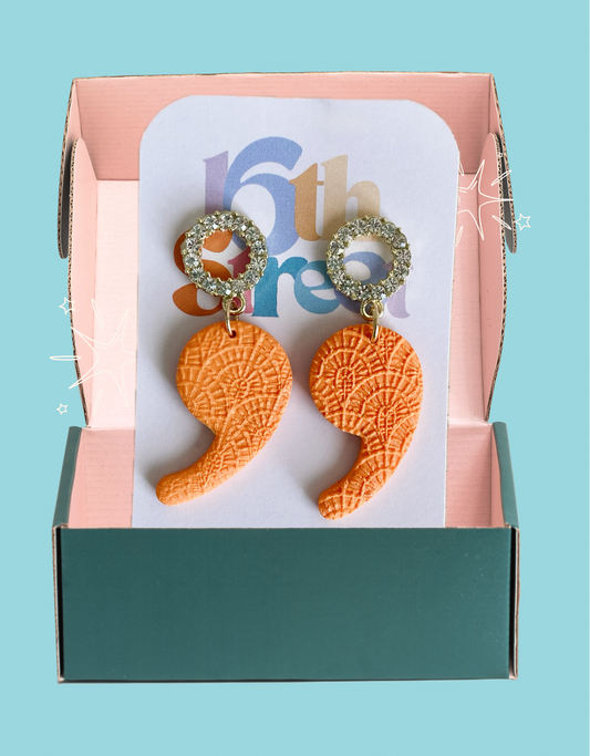Vibrant Orange with Cubic Zirconia Top Semicolon Dangle Earrings | Mental Health Inspired Handmade Polymer Clay Earrings