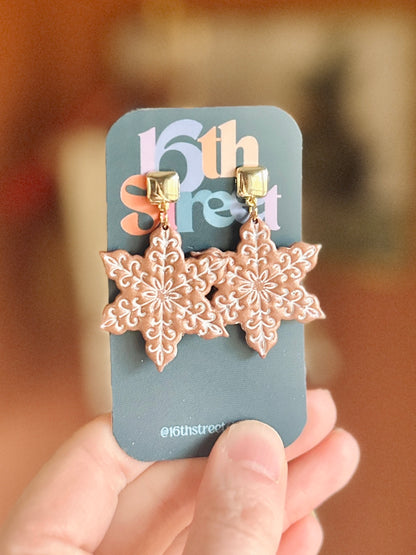 Gingerbread Snowflake Dangles | Handmade Polymer Clay Earrings