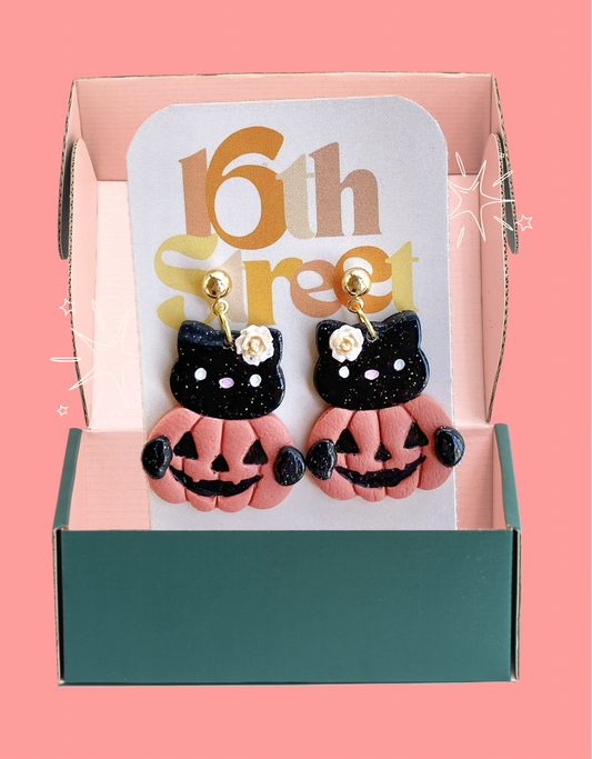 Kitty Pumpkin Dangles | Handmade Polymer Clay Earrings