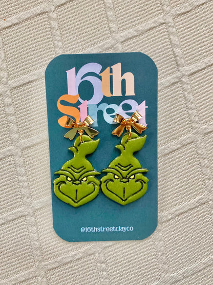 Grinch Dangles | Handmade Polymer Clay Earrings