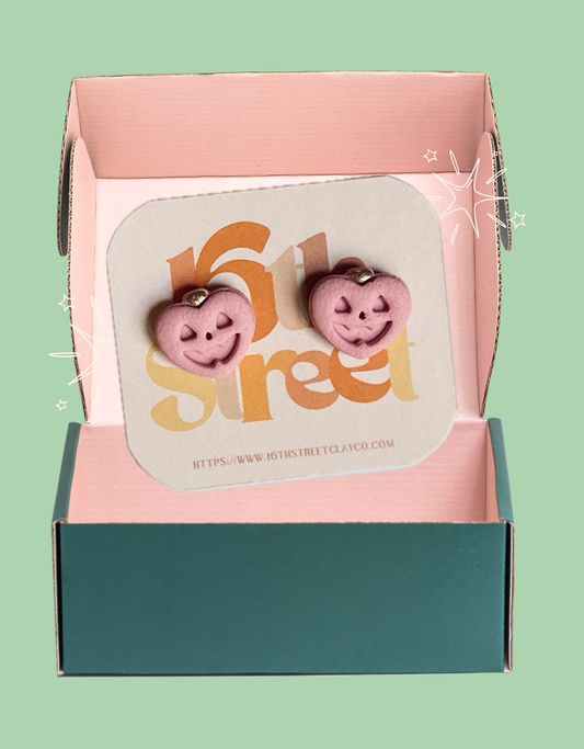 Pink Jack-o’-lantern Studs | Handmade Polymer Clay Earrings